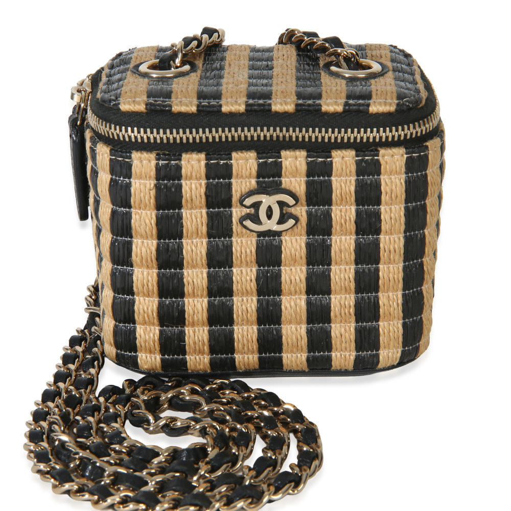 Chanel Black Beige Raffia Jute Striped Mini Vanity Case With Chain